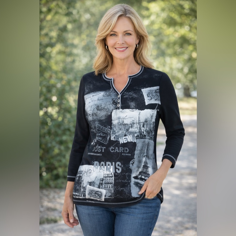 Blue Canyon NWT Paris, New York Studded 3/4 Sleeve Graphic Tee